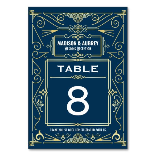 Art Gold Blue Gatsby 1920s Deco Wedding Reception Table Number