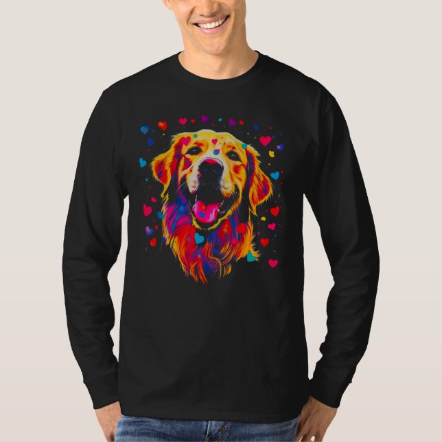 Art Golden Retriever Dog Blue Red Heart T-Shirt (Front)