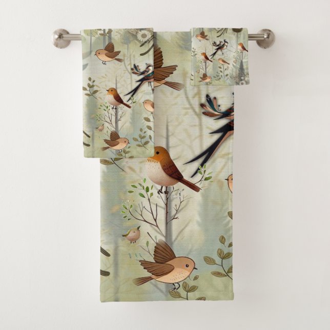 Art illustration of modern-style simplistic birds bath towel set (Insitu)
