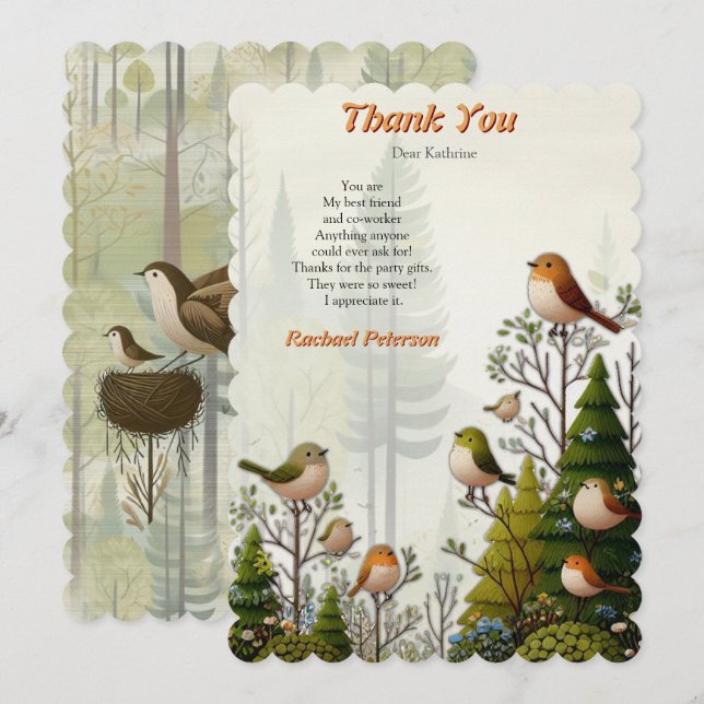 Art illustration of modern-style simplistic birds thank you card (Front/Back)