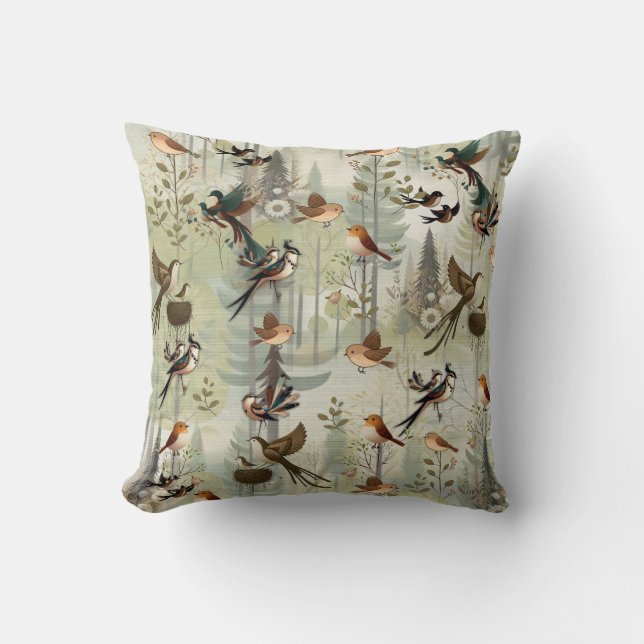 Art illustration of modern-style simplistic birds throw pillow (Front)