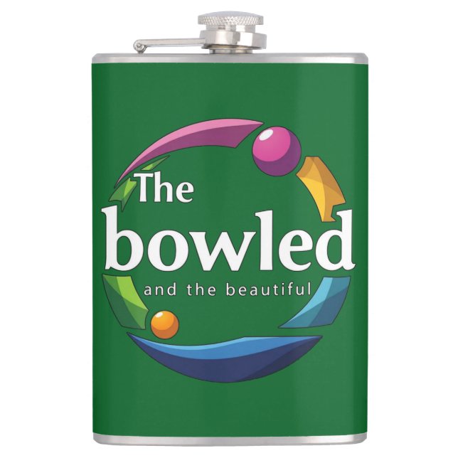 "Art in Motion: Circular Lawn Bowls Bowled Logo, Flask (Front)