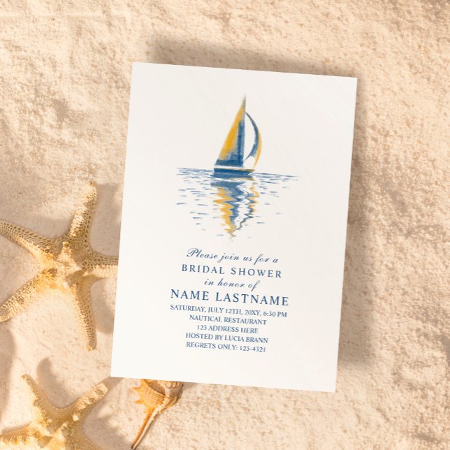 Art Navy Blue Yellow Sailing Boat Bridal Shower Invitation (Creator Uploaded)