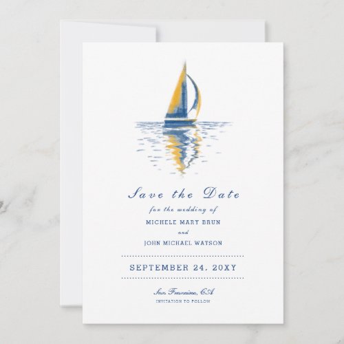 Art Navy Blue Yellow Sailing Boat Save the Date