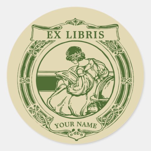 Art Nouveau 1903 Girl  Book Ex Libris Template Classic Round Sticker