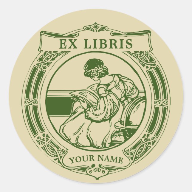 Art Nouveau 1903 Girl & Book Ex Libris Template Classic Round Sticker (Front)