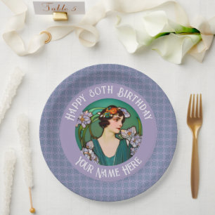 Art Nouveau 80th / custom Birthday - your Photo Paper Plates