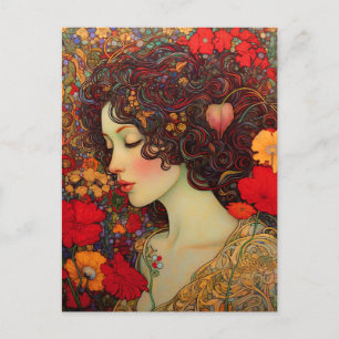 Art Nouveau A Woman Amidst Red and Gold Poppies Postcard