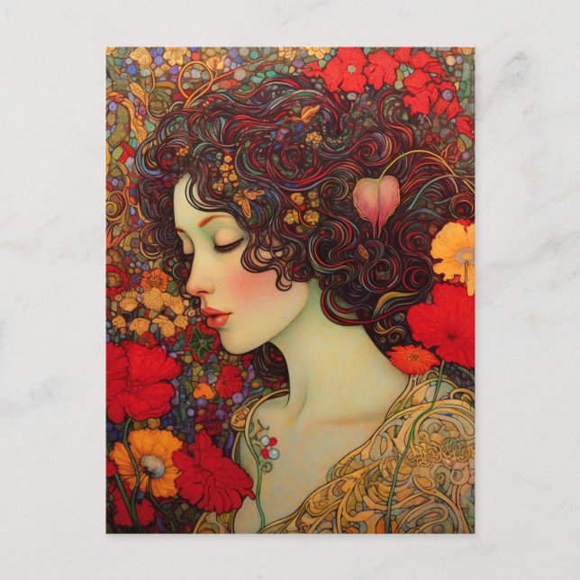 Art Nouveau A Woman Amidst Red and Gold Poppies Postcard (Front)
