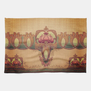Art nouveau abstract flower burgundy red green kitchen towel