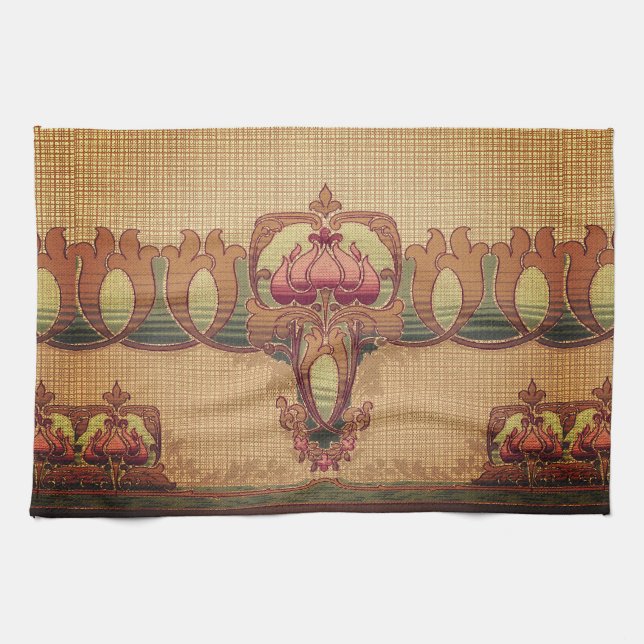 Art nouveau abstract flower burgundy red green kitchen towel (Horizontal)