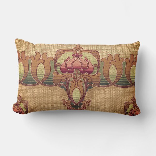 Art nouveau abstract flower burgundy red green lumbar pillow (Front)