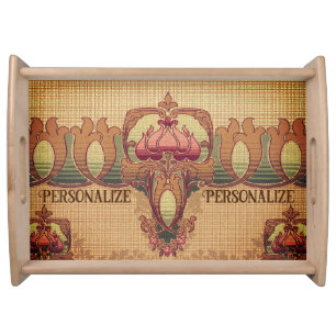 Art nouveau abstract flower burgundy red green serving tray