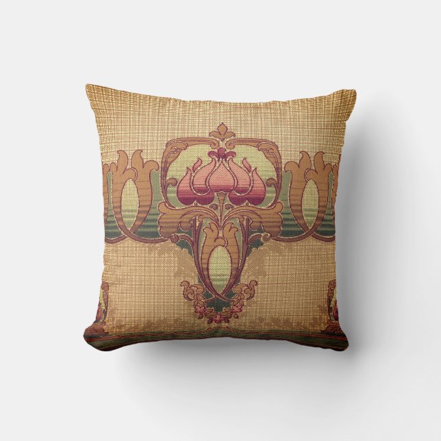 Art nouveau abstract flower burgundy red green throw pillow (Front)