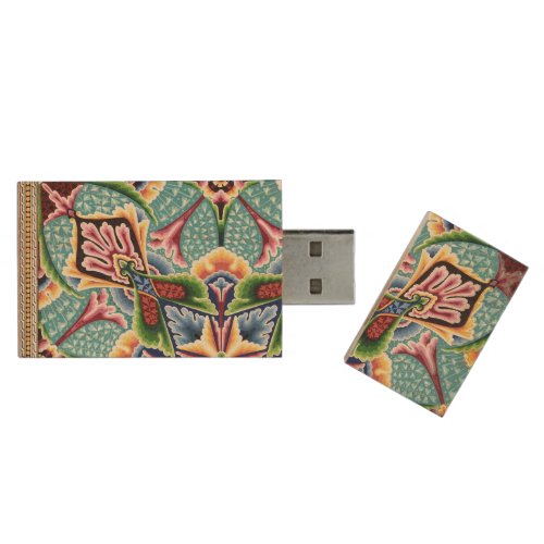 Art nouveau abstract pattern colorful textile art wood flash drive