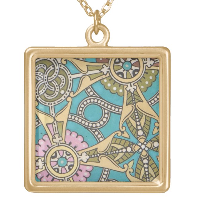 Art nouveau abstract textile artistic pattern gold plated necklace (Front)