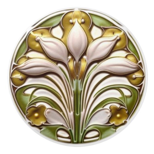 Art Nouveau Abstract White Gold Floral Ceramic Knob