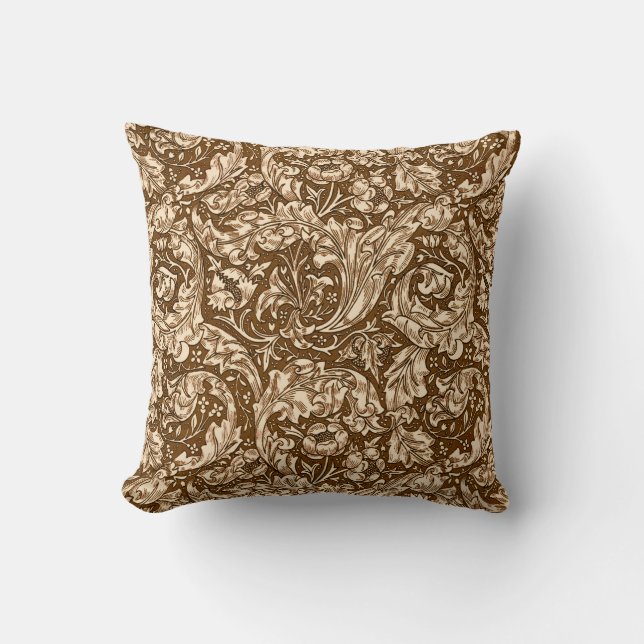 Art Nouveau Acanthus Leaves and Flowers, Brown Throw Pillow (Front)