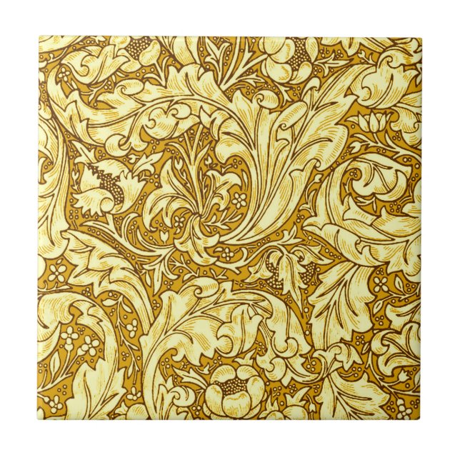 Art Nouveau Acanthus Leaves & Flowers, Mustard Gol Ceramic Tile (Front)
