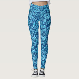Art Nouveau Acanthus Leaves, Sky Blue & Navy Leggings