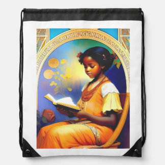 Art Nouveau African American girl reading a book Drawstring Bag