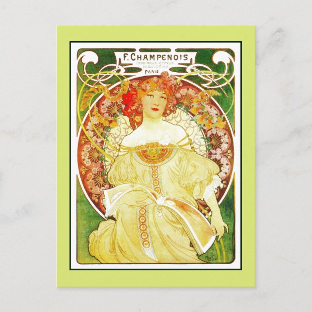 Art Nouveau Alfons Mucha, Paris printing ad Postcard (Front)