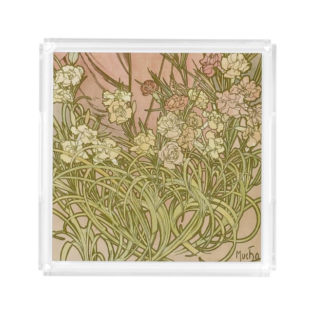 Art Nouveau Alfonse Mucha Floral carnation flowers Acrylic Tray (Front)