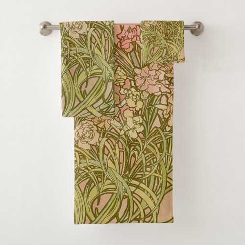 Art Nouveau Alfonse Mucha Floral carnation flowers Bath Towel Set