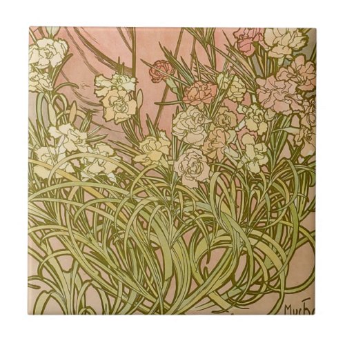 Art Nouveau Alfonse Mucha Floral carnation flowers Ceramic Tile