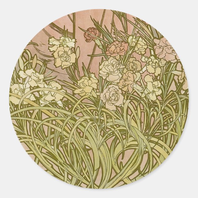 Art Nouveau Alfonse Mucha Floral carnation flowers Classic Round Sticker (Front)