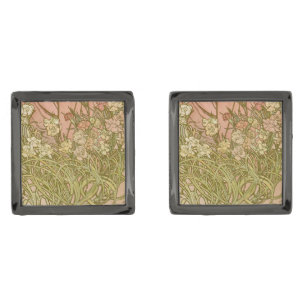 Art Nouveau Alfonse Mucha Floral carnation flowers Cufflinks