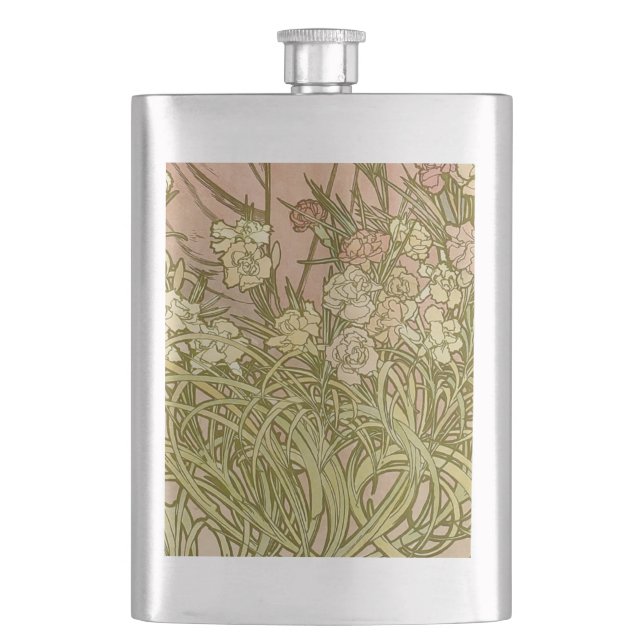 Art Nouveau Alfonse Mucha Floral carnation flowers Flask (Front)