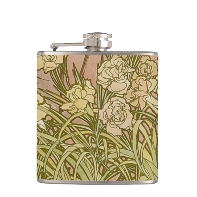 Art Nouveau Alfonse Mucha Floral carnation flowers Flask (Front)