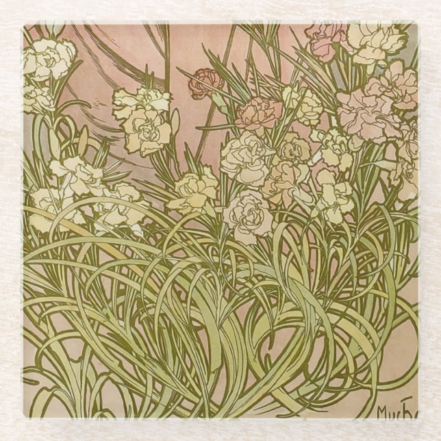 Art Nouveau Alfonse Mucha Floral carnation flowers Glass Coaster (Front)
