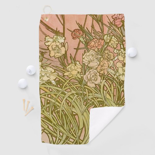 Art Nouveau Alfonse Mucha Floral carnation flowers Golf Towel