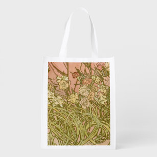 Art Nouveau Alfonse Mucha Floral carnation flowers Grocery Bag