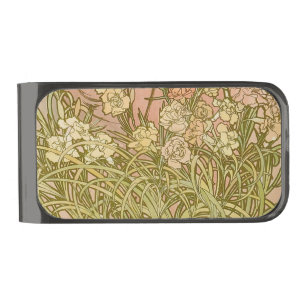 Art Nouveau Alfonse Mucha Floral carnation flowers Gunmetal Finish Money Clip