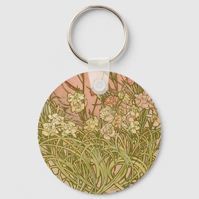 Art Nouveau Alfonse Mucha Floral carnation flowers Keychain (Front)