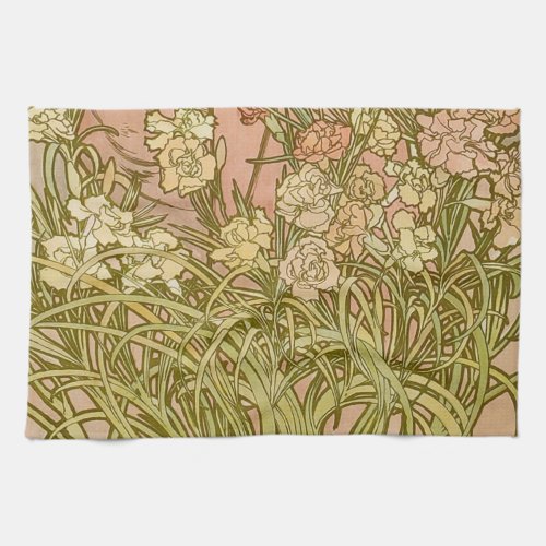 Art Nouveau Alfonse Mucha Floral carnation flowers Kitchen Towel