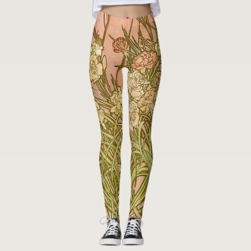 Art Nouveau Alfonse Mucha Floral carnation flowers Leggings