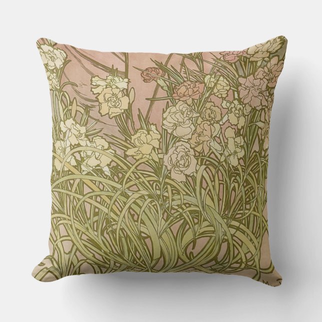 Art Nouveau Alfonse Mucha Floral carnation flowers Outdoor Pillow (Front)