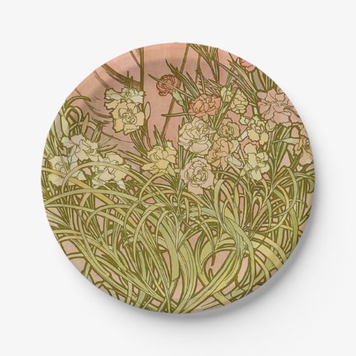 Art Nouveau Alfonse Mucha Floral carnation flowers Paper Plates