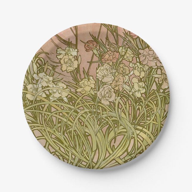 Art Nouveau Alfonse Mucha Floral carnation flowers Paper Plates (Front)