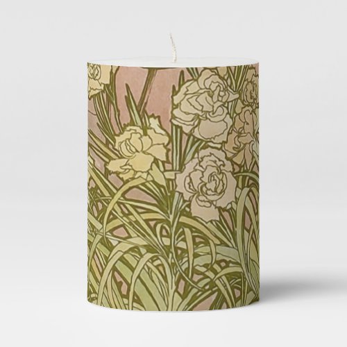 Art Nouveau Alfonse Mucha Floral carnation flowers Pillar Candle