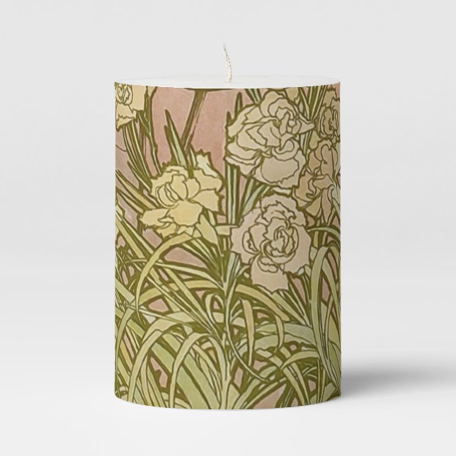 Art Nouveau Alfonse Mucha Floral carnation flowers Pillar Candle (Front)