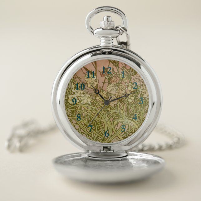 Art Nouveau Alfonse Mucha Floral carnation flowers Pocket Watch (Inside)