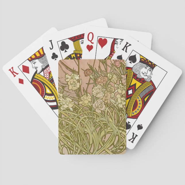 Art Nouveau Alfonse Mucha Floral carnation flowers Poker Cards (Back)