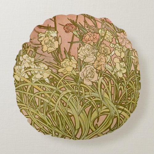 Art Nouveau Alfonse Mucha Floral carnation flowers Round Pillow