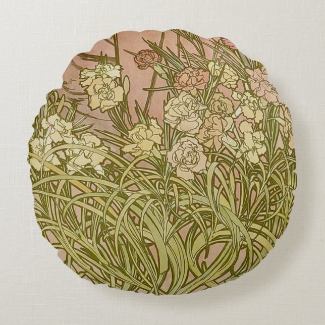 Art Nouveau Alfonse Mucha Floral carnation flowers Round Pillow (Front)