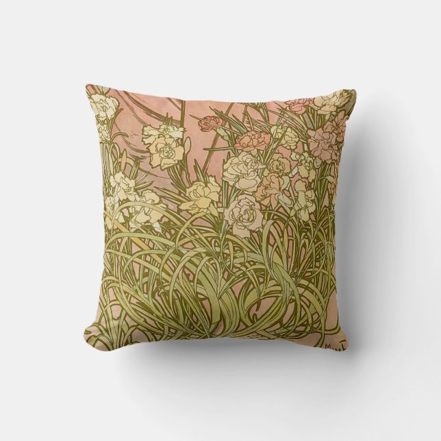 Art Nouveau Alfonse Mucha Floral carnation flowers Throw Pillow (Front)